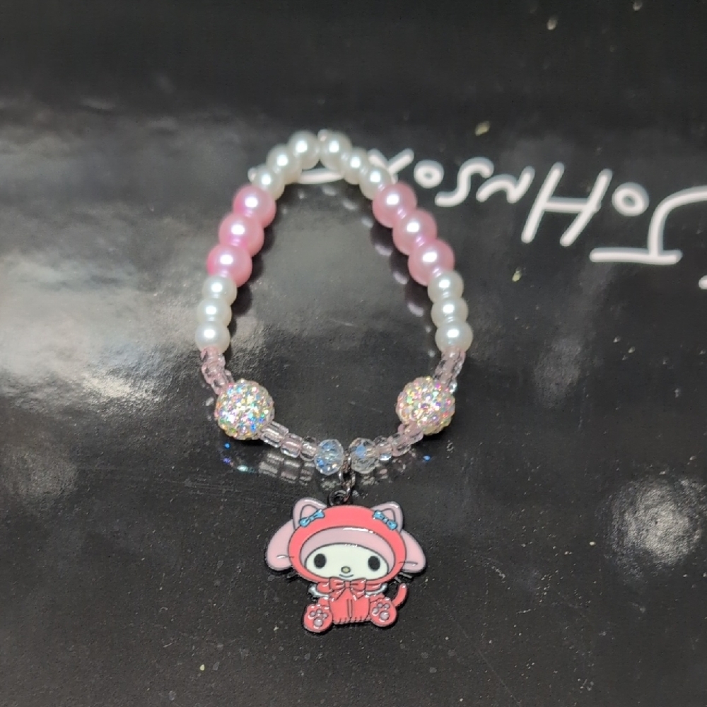 Cute Pink and White Beaded My Melody As Cat Bracelet
